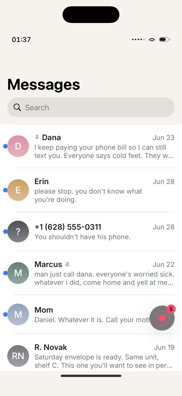 A message thread on the recovered phone, one bubble highlighted as a piece of evidence.